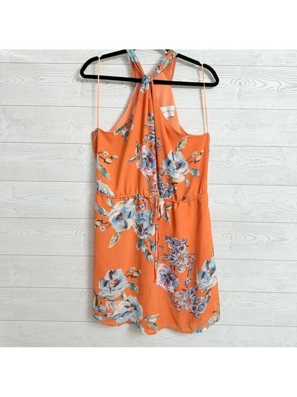Chandler Henry Women’s Orange Floral Chiffon Sleeveless Mini Dress. Size L